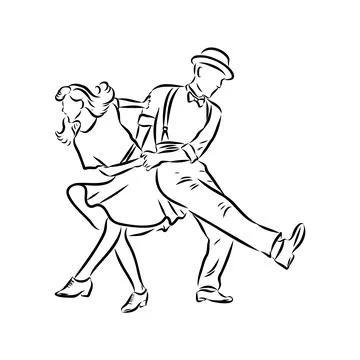 Couple in love dancing and having fun, hand drawn outline illustration. swing Stock Illustration