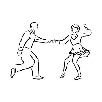 Couple in love dancing and having fun, hand drawn outline illustration. swing Stock Illustration