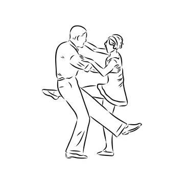 Couple in love dancing and having fun, hand drawn outline illustration. swing Stock Illustration