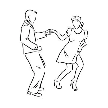 Couple in love dancing and having fun, hand drawn outline illustration. swing Stock Illustration