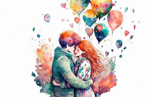 Couple in love hugging and kissing. Young love. ai generated. Watercolor il.. Stock Photos
