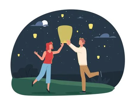 Couple in love launch lantern into night sky, traditional indian or china Illustrazione stock