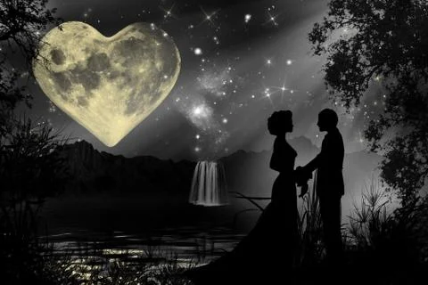 Couple in love in the moonlight 库存插图