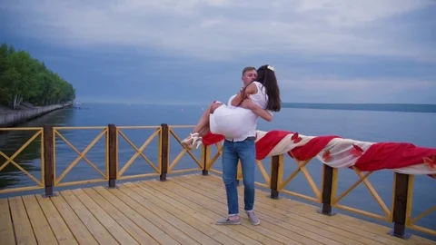 Couple in love at the pier Stock Footage 73893829