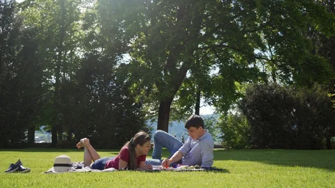 Couple in love relax on lawn while picnic. Guy feeding his girl with strawberry 库存影片 127784965