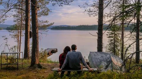 Couple in love. Sunset under the tree at lake Stock Photos