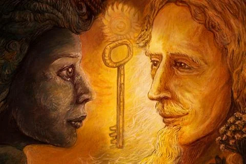 Couple in love, two faces from different worlds connected with love Stock Illustration