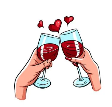 Couple in love two hands clinking red wine glasses Stock Illustration