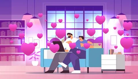 Couple in love using laptop man woman lovers relaxing on sofa social media 库存插图