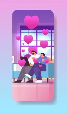 Couple in love using laptop man woman lovers relaxing on sofa social media 库存插图