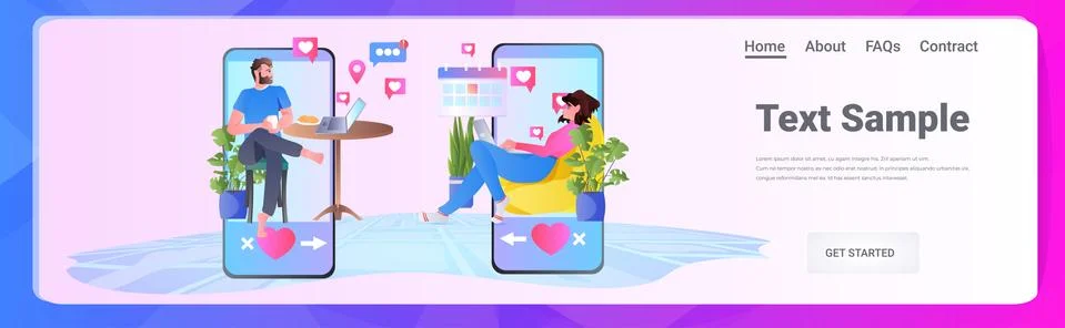 Couple in love using mobile app man woman chatting during virtual meeting social イラスト素材