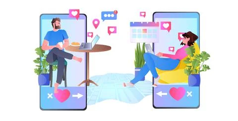 Couple in love using mobile dating app man woman chatting during virtual meeting Stock Illustration