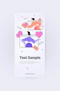 Couple in love using mobile dating app man woman holding hearts virtual meeting イラスト素材
