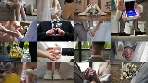 Couple in love. wedding collage. multiscreen groom, bride, bouquet, shoes, dress Stock Footage 303690089