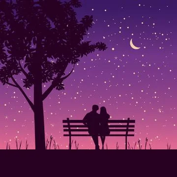 Couple lovers on bench in park, under tree. Night, stars, moon. Vector Ilustração Stock
