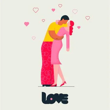 Couple of lovers hugging face to face. Man holding woman to kiss. Flat Stock Illustration