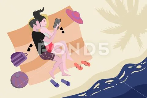 Couple lying on the beach hugging top view a vector illustration ...