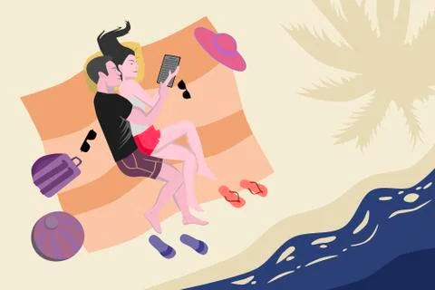 Couple lying on the beach hugging top view a vector illustration Illustrazione stock