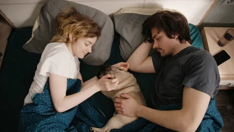 A couple is lying in bed, a dog is lying between them and they are stroking it. Stockbeeldmateriaal 197488908