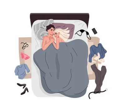 Couple lying in bed embracing with scatter clothes Stock Illustration
