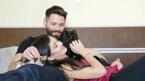 Couple lying in bed with their cats in arms Stock Footage 82910262