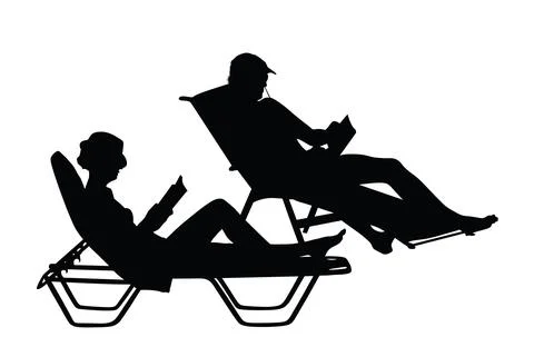 Couple lying down on sun bed lounge chair on beach silhouette イラスト素材