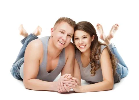Couple Lying over White Background, Happy Young Adult Man and Woman, People Stock Photos
