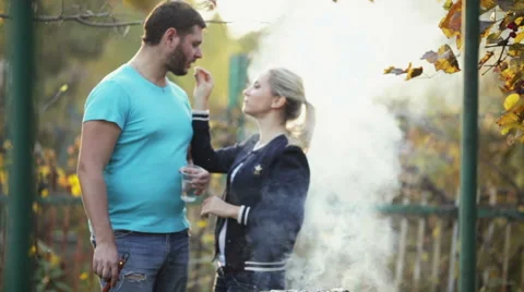 Couple make meat and fish in barbecue 스톡 동영상 43840714