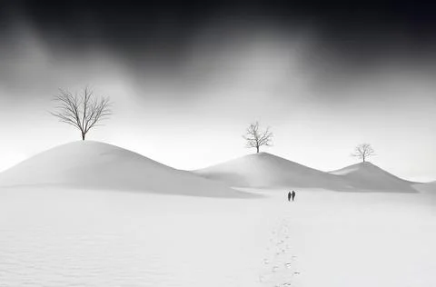 Couple making their way through the snow into the dead cold desert of etern.. Stock Photos