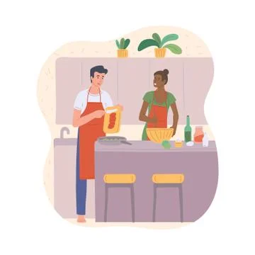 Couple man and woman cooking together flat vector illustration isolated. Stock Illustration