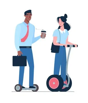 A couple of managers with coffee in their hands ride an environmentally friendly Stock Illustration
