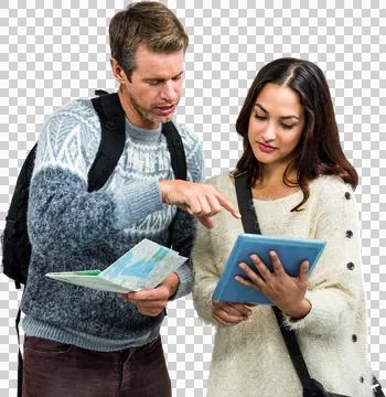 Couple with map and digital tablet while traveling Stock Photos