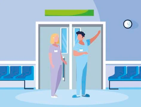 Couple medicine workers in elevator door Ilustração Stock