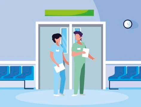 Couple medicine workers in elevator door Ilustração Stock