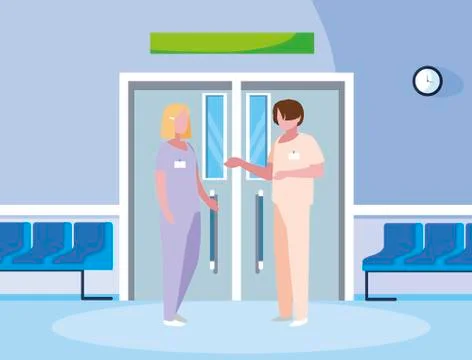 Couple medicine workers in elevator door Ilustração Stock