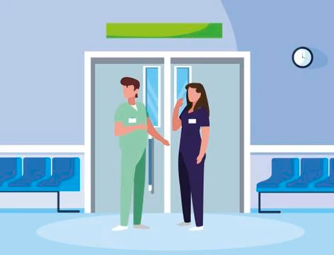 Couple medicine workers in elevator door Ilustração Stock