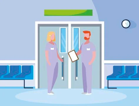Couple medicine workers in elevator door Ilustração Stock