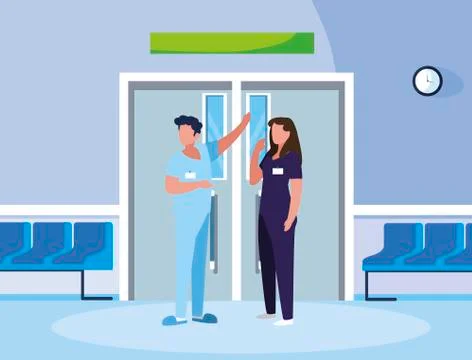 Couple medicine workers in elevator door Ilustração Stock