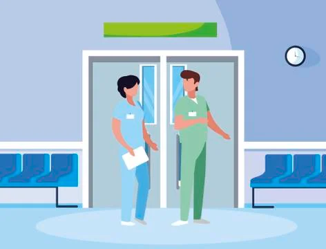 Couple medicine workers in elevator door Ilustração Stock