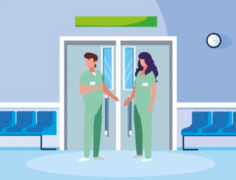 Couple medicine workers in elevator door Ilustração Stock