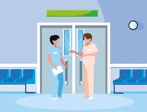 Couple medicine workers in elevator door Ilustração Stock