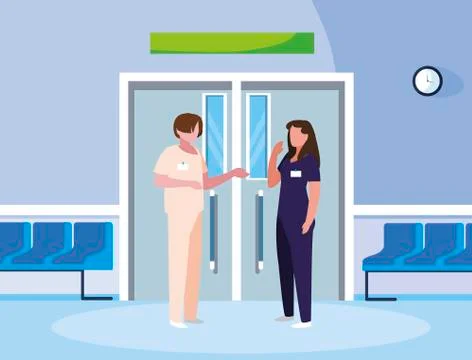 Couple medicine workers in elevator door Ilustração Stock