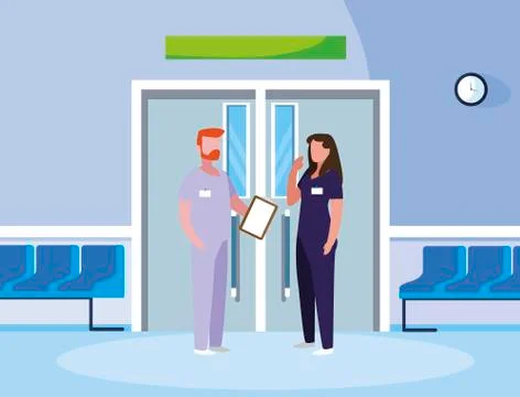 Couple medicine workers in elevator door Ilustração Stock