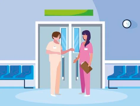 Couple medicine workers in elevator door Ilustração Stock