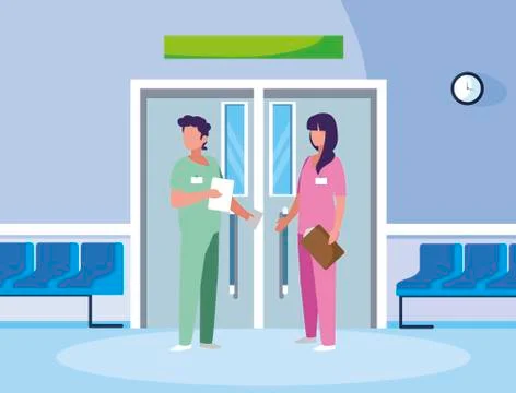 Couple medicine workers in elevator door Ilustração Stock