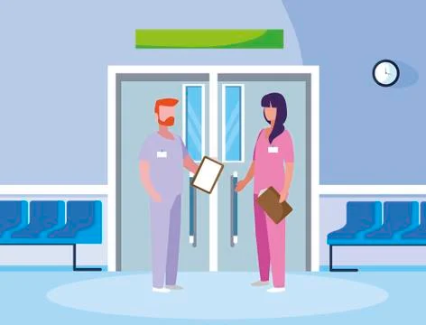 Couple medicine workers in elevator door Ilustração Stock