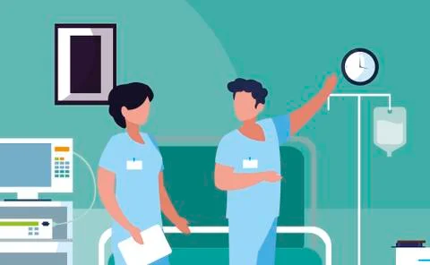 Couple medicine workers in operating theater 库存插图