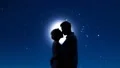 Couple meeting at night, gently embracing against starry sky and shining moon HD Footage