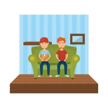 Couple of men sitting in the sofa Ilustração Stock