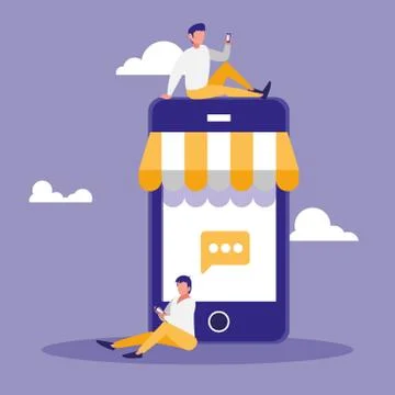 Couple men using smartphone with parasol Illustrazione stock